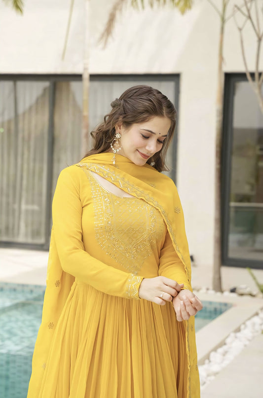 Yellow Faux Blooming Gown with Zari Sequin Embroidery & Designer Dupatta