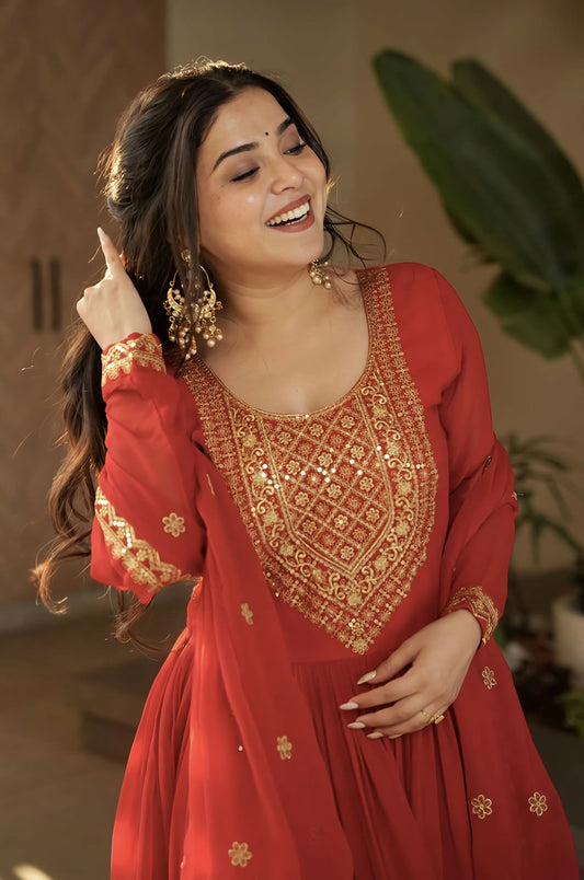 Red Faux Blooming Gown with Zari Sequin Embroidery & Designer Dupatta