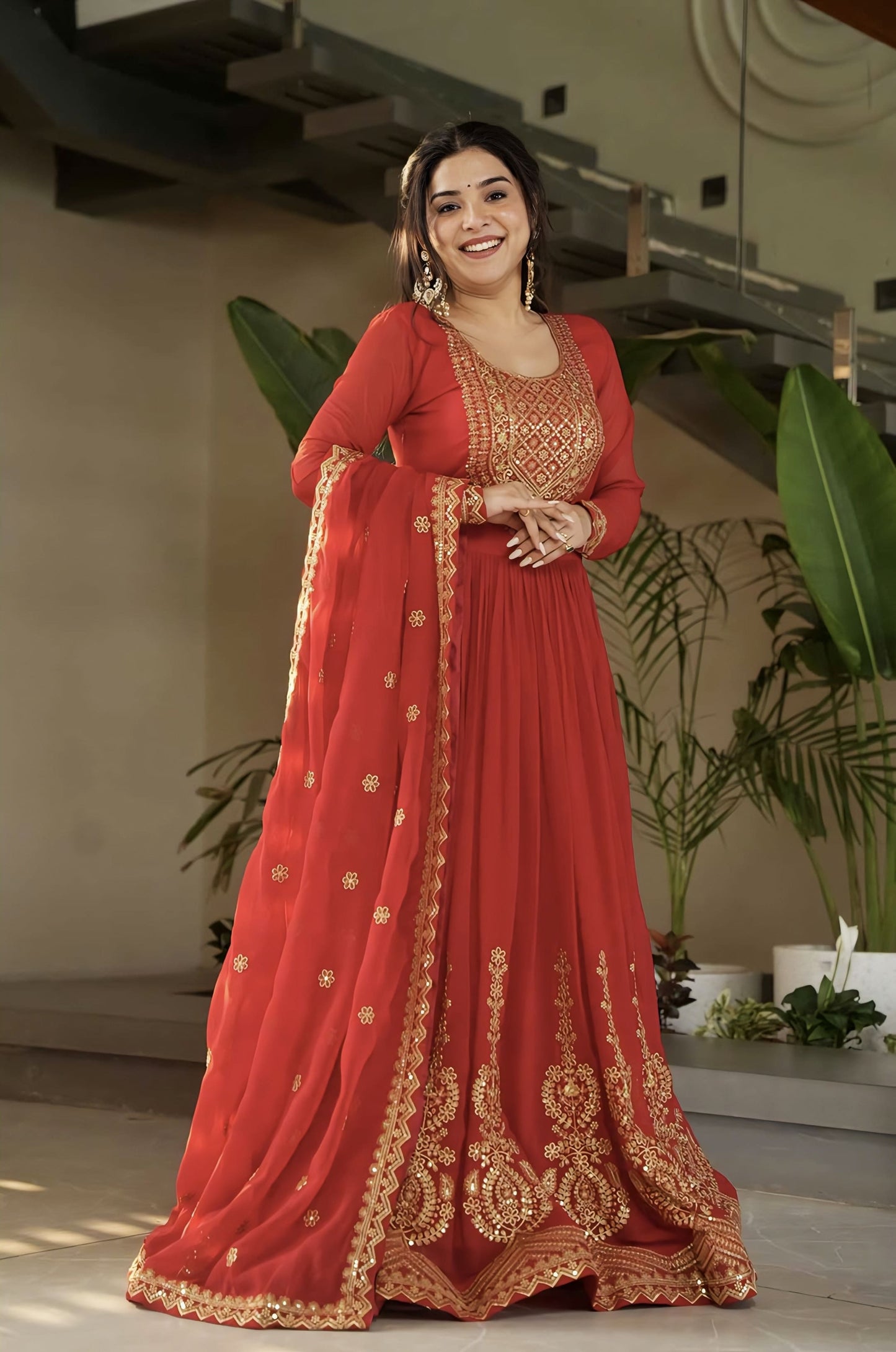 Red Faux Blooming Gown with Zari Sequin Embroidery & Designer Dupatta