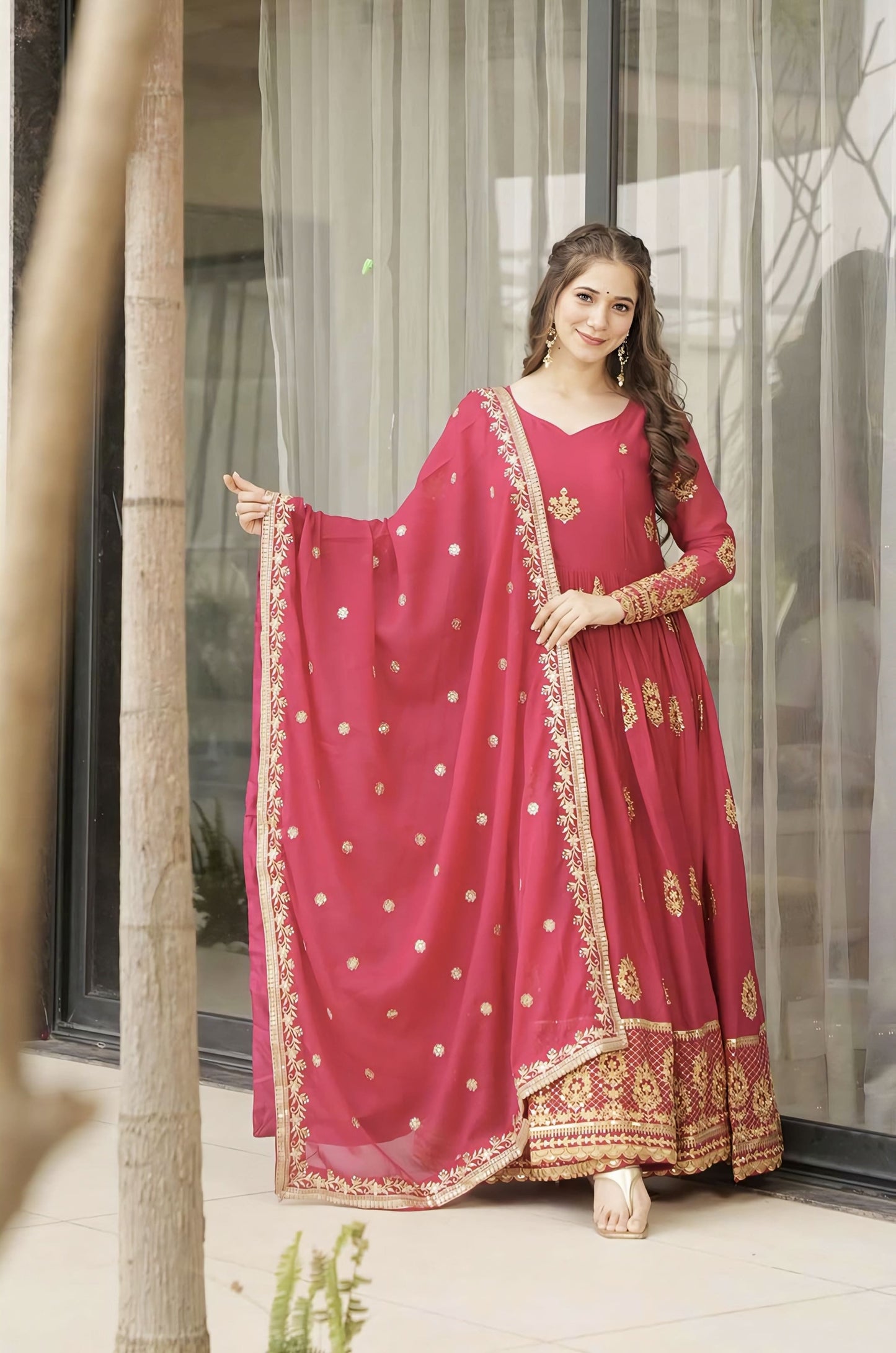 Pink Star Georgette Gown with Zari Sequin Embroidery & Designer Dupatta