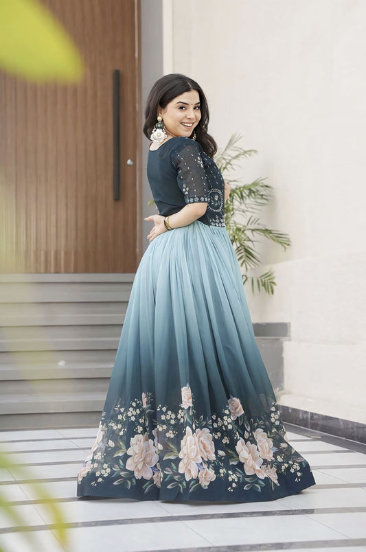 Rama Faux Blooming Gown with Beads Embroidery & Floral Digital Print