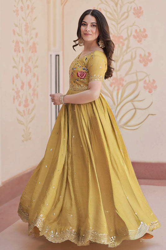 Yellow Gold Crush Gown with Multi Thread Embroidery, Zari & Sequins Work