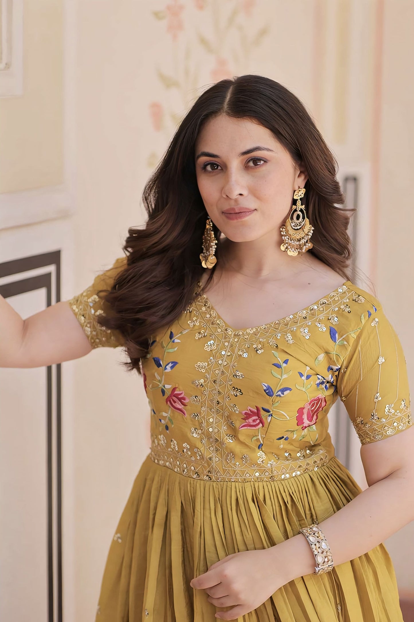Yellow Gold Crush Gown with Multi Thread Embroidery, Zari & Sequins Work