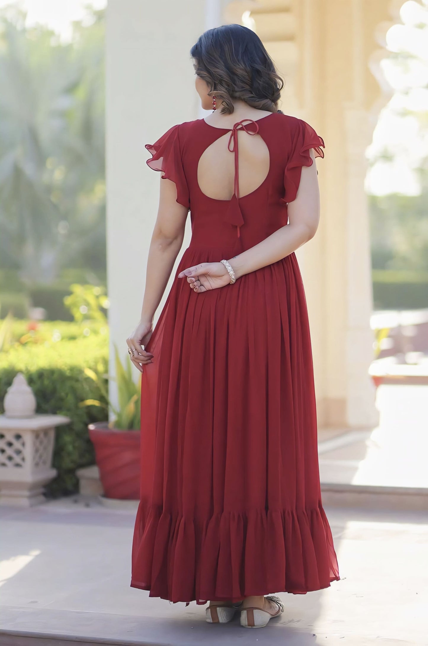 Maroon Faux Blooming Frill Gown with Beads Sequins Embroidery & 7 Meter Flair