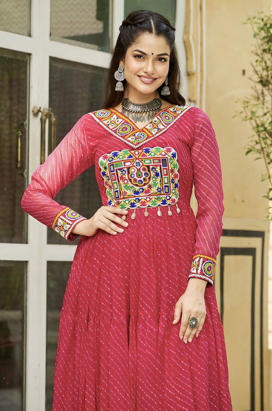 Pink Laheriya Georgette Gown with Kutchi Embroidery & Full Sleeves