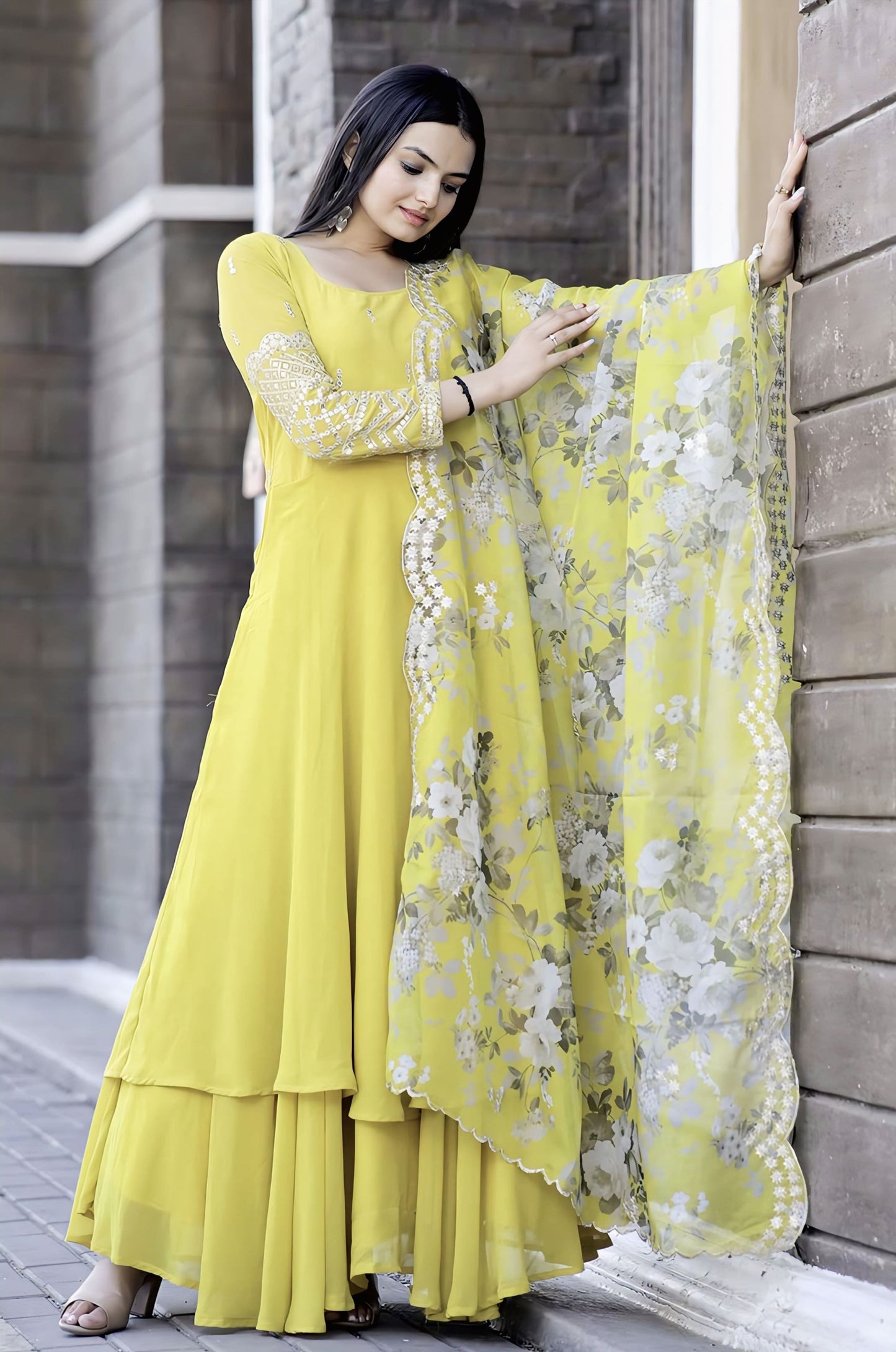 Yellow Faux Blooming Gown with Zari Sequins Embroidery & Floral Organza Dupatta