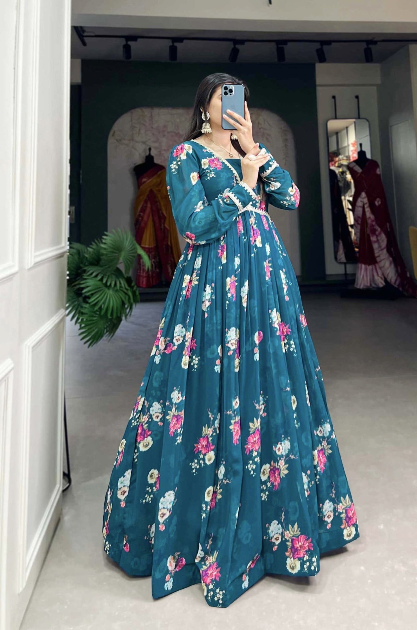 Floral Printed Georgette Gown with Elegant Lace Border