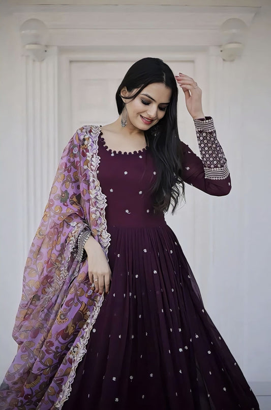 Wine Faux Blooming Gown with Zari Sequins Embroidery & Organza Dupatta