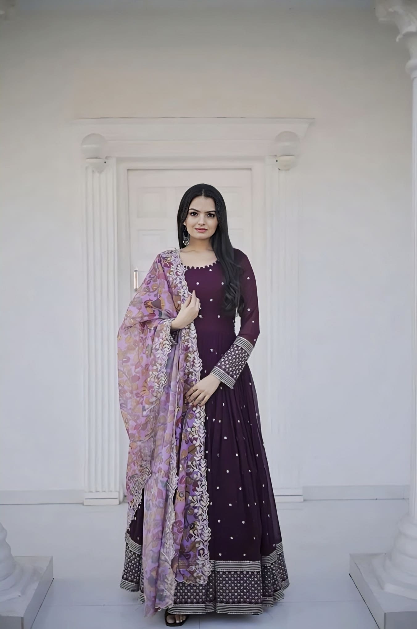 Wine Faux Blooming Gown with Zari Sequins Embroidery & Organza Dupatta
