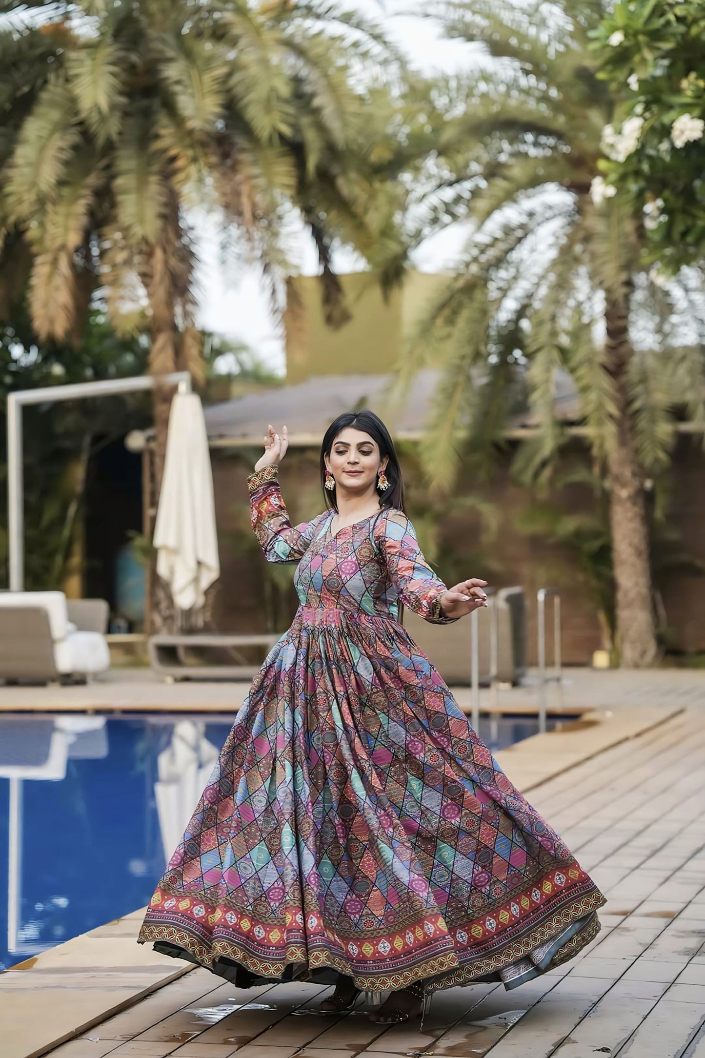 Multi Color Digital Printed Mashlin Gown with Crochet Work & Georgette Dupatta