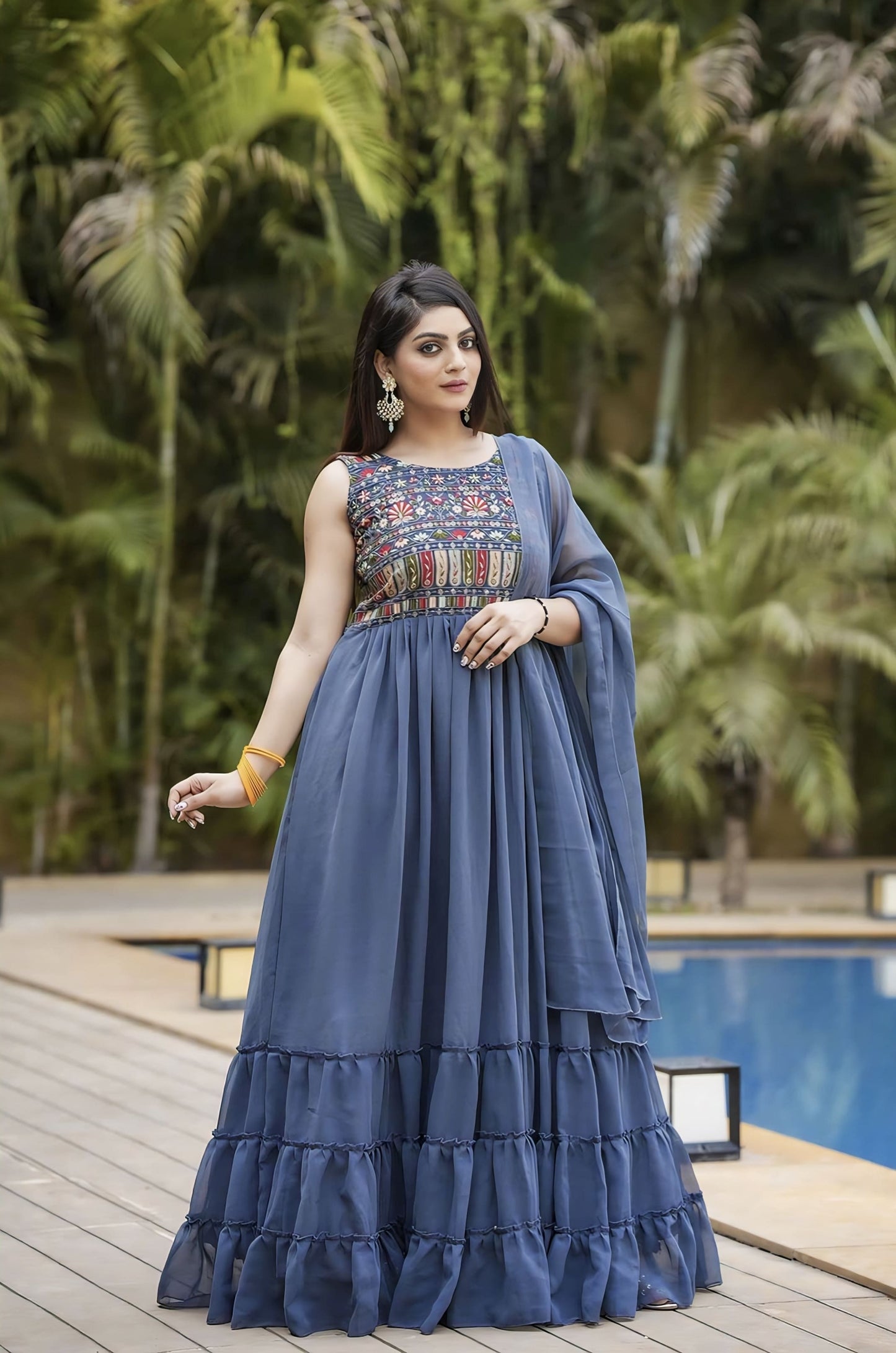 Blue Fox Georgette Embroidered Gown with Matching Dupatta