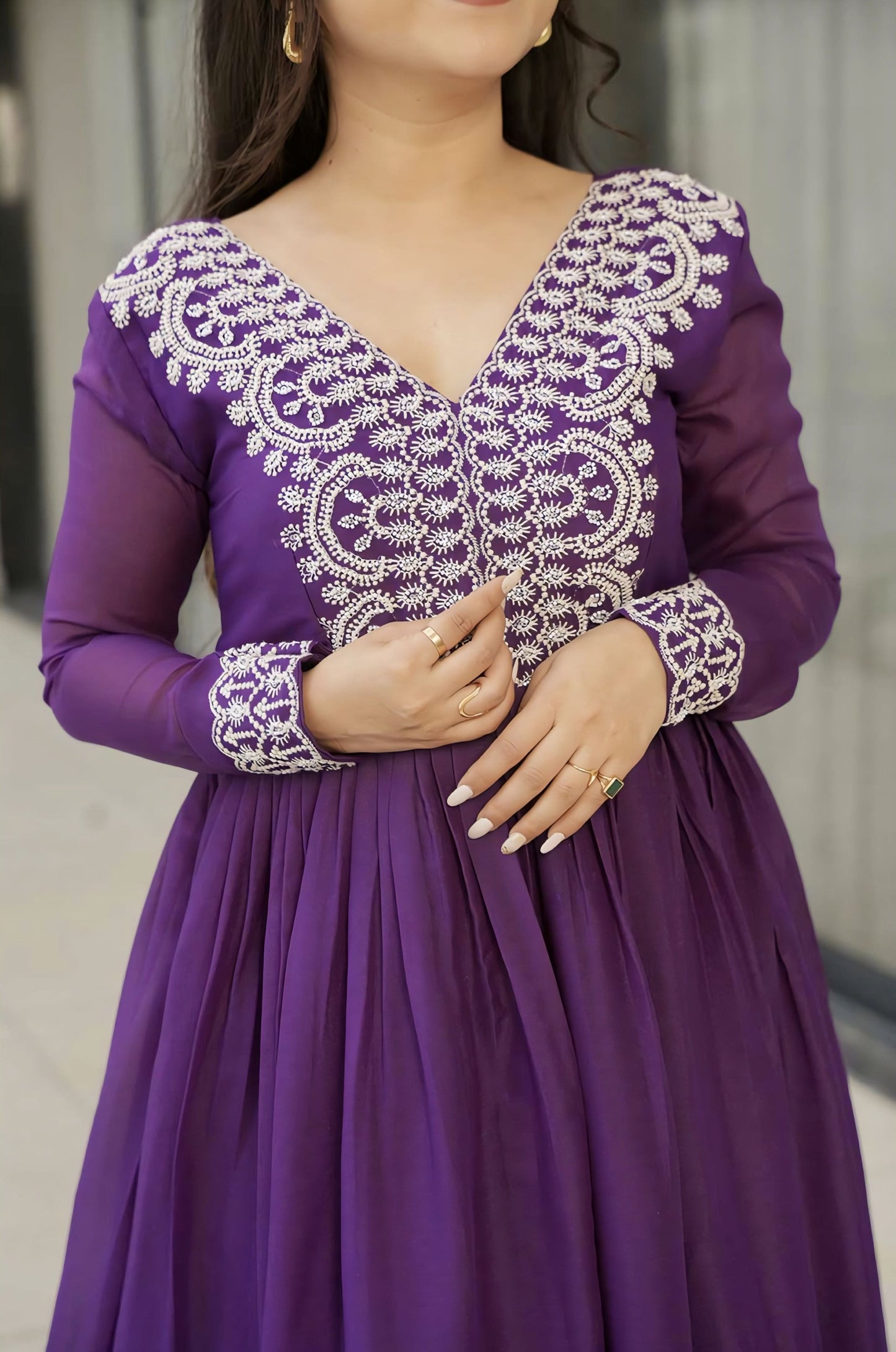 Purple Star Georgette Gown with Beads Sequins Embroidery & Double Flair
