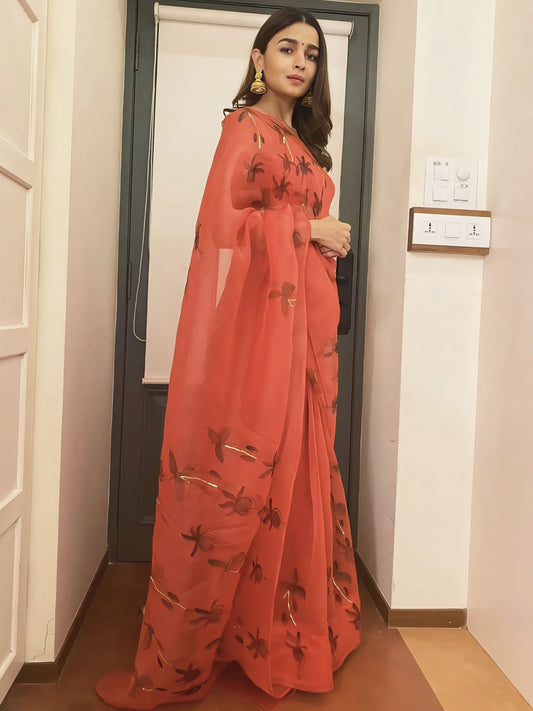 Alia Bhatt Inspired Red Hand-Painted Silk Organza Saree with Gota Work | Fuchsia’s on Red Saree