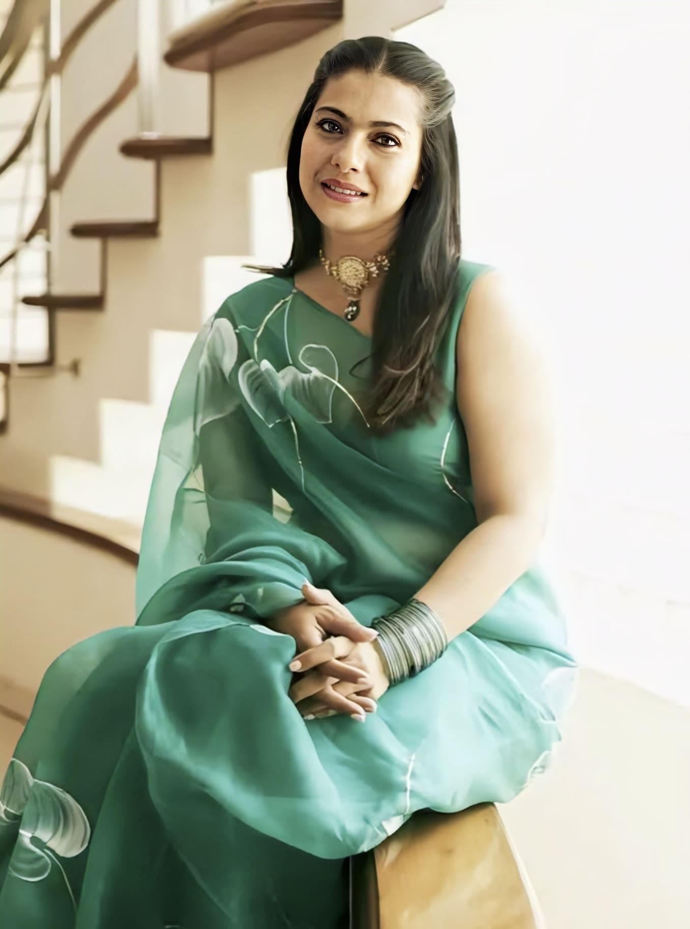 Kajol Inspired Emerald Green Hand-Painted Organza Saree with Gota Work | Anthuriums Designer Saree