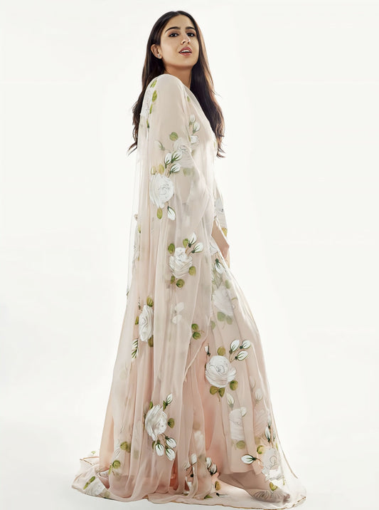 Sara Ali Khan Inspired Hand-Painted White Roses Silk Flared Kurta Set with Gota Work