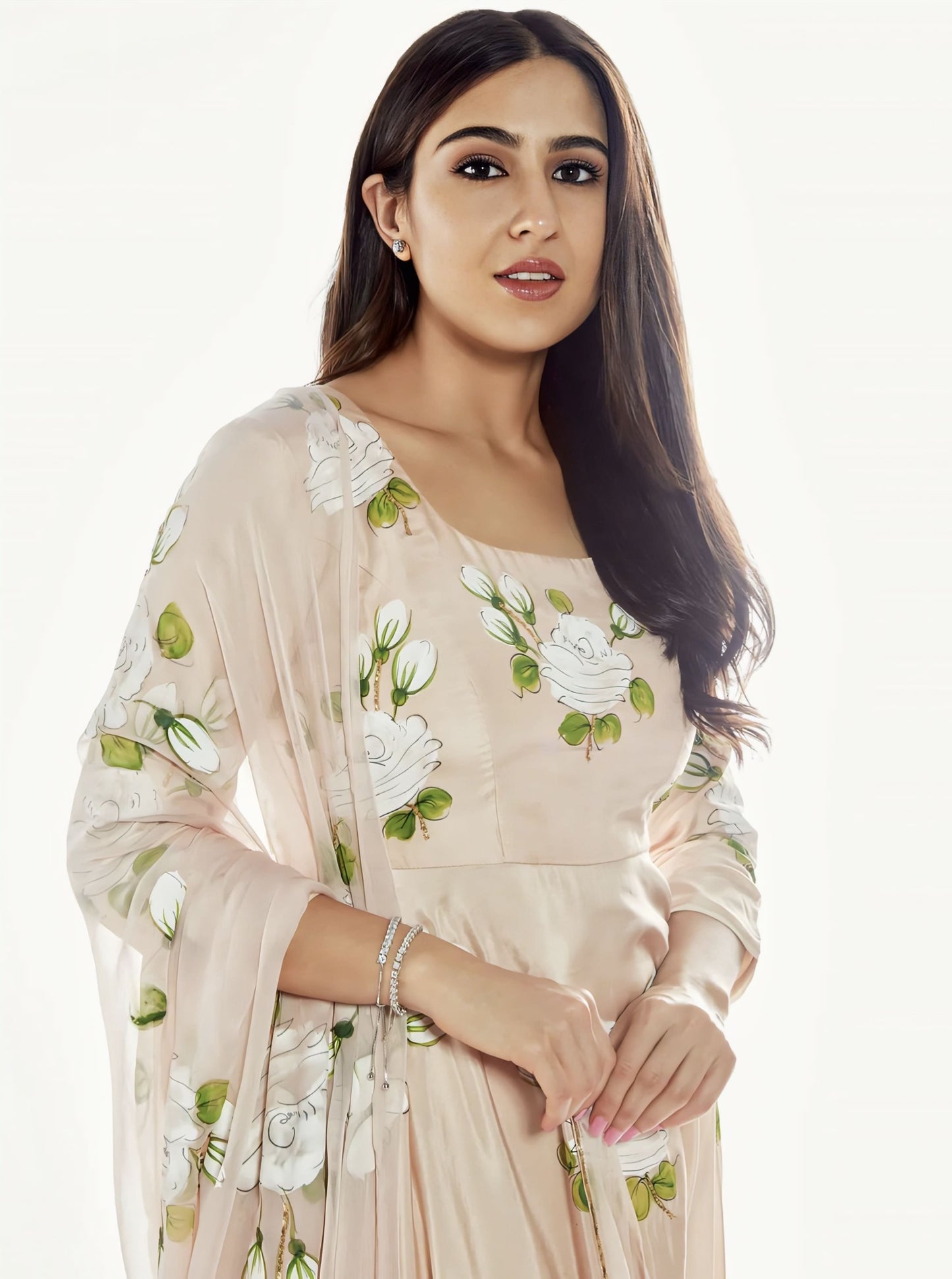 Sara Ali Khan Inspired Hand-Painted White Roses Silk Flared Kurta Set with Gota Work