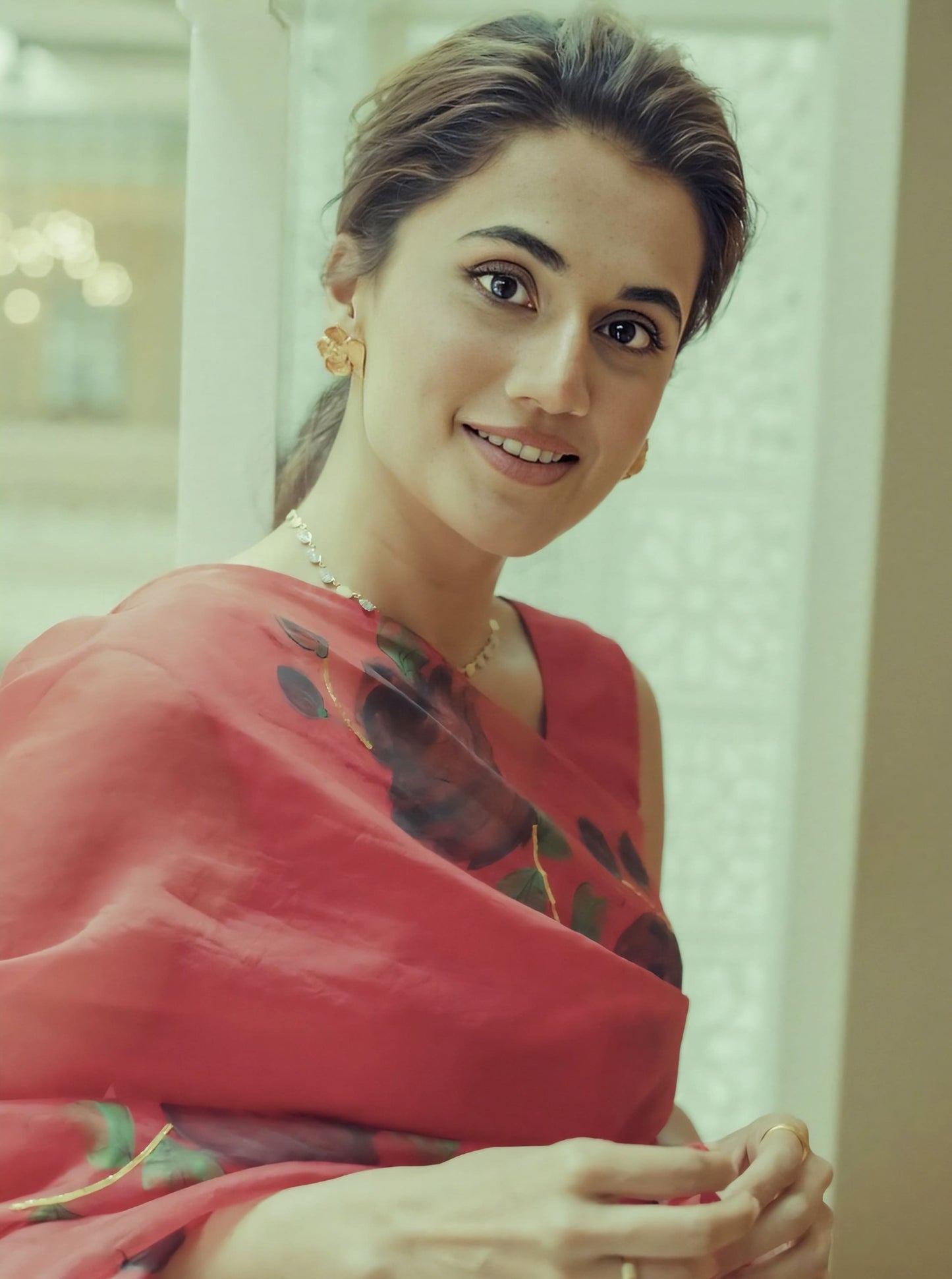 Taapsee Pannu Inspired Red Silk Organza Saree with Hand-Painted Black Roses & Gota Work