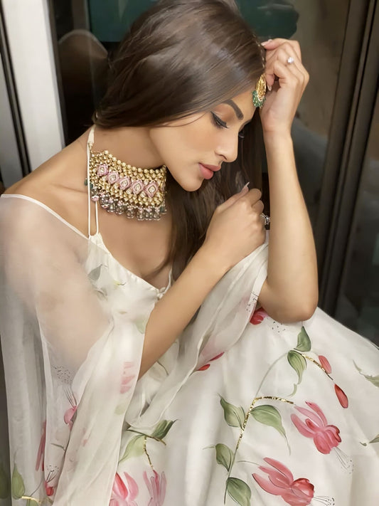Mouni Roy Inspired Pink Fuchsia Hand-Painted Organza Lehenga with Gota Work