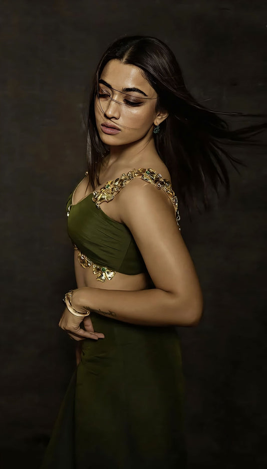Rashmika Mandanna Inspired Camou Chic Green Draped Skirt & Embellished Bustier Set