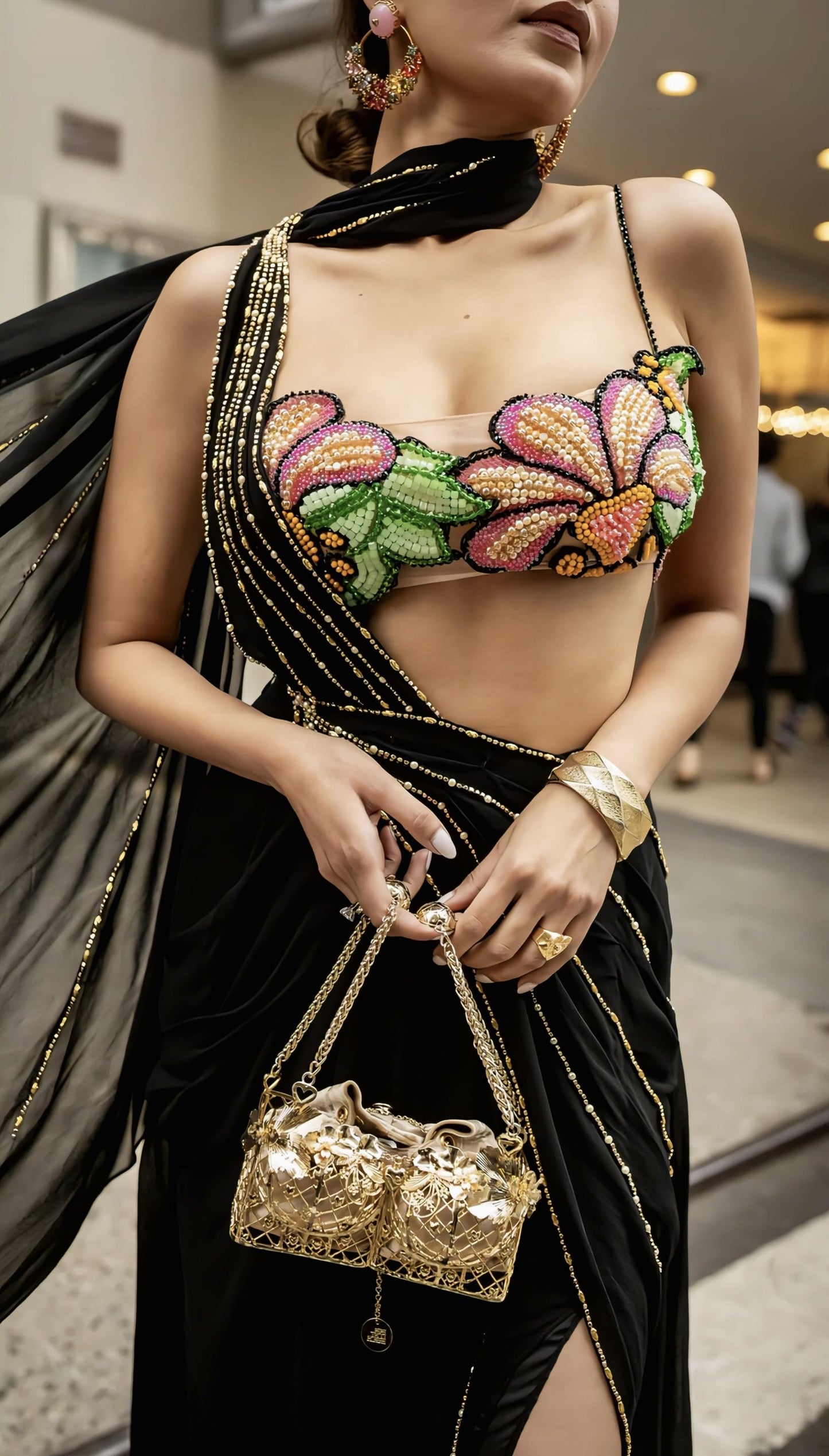 Shilpa Shetty Inspired Black Drape Saree with Embroidered Crystal Blouse | Bold Moves Only