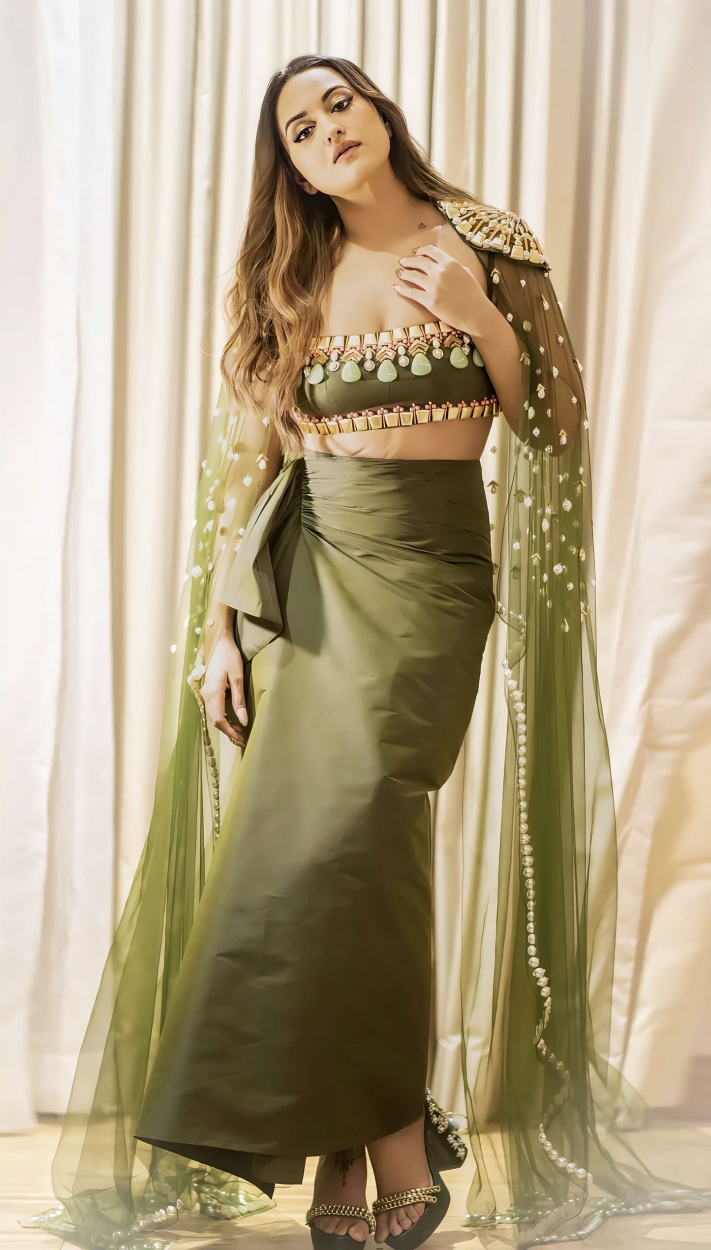 Sonakshi Sinha Inspired Military Green Embellished Skirt, Cape & Bralette Set