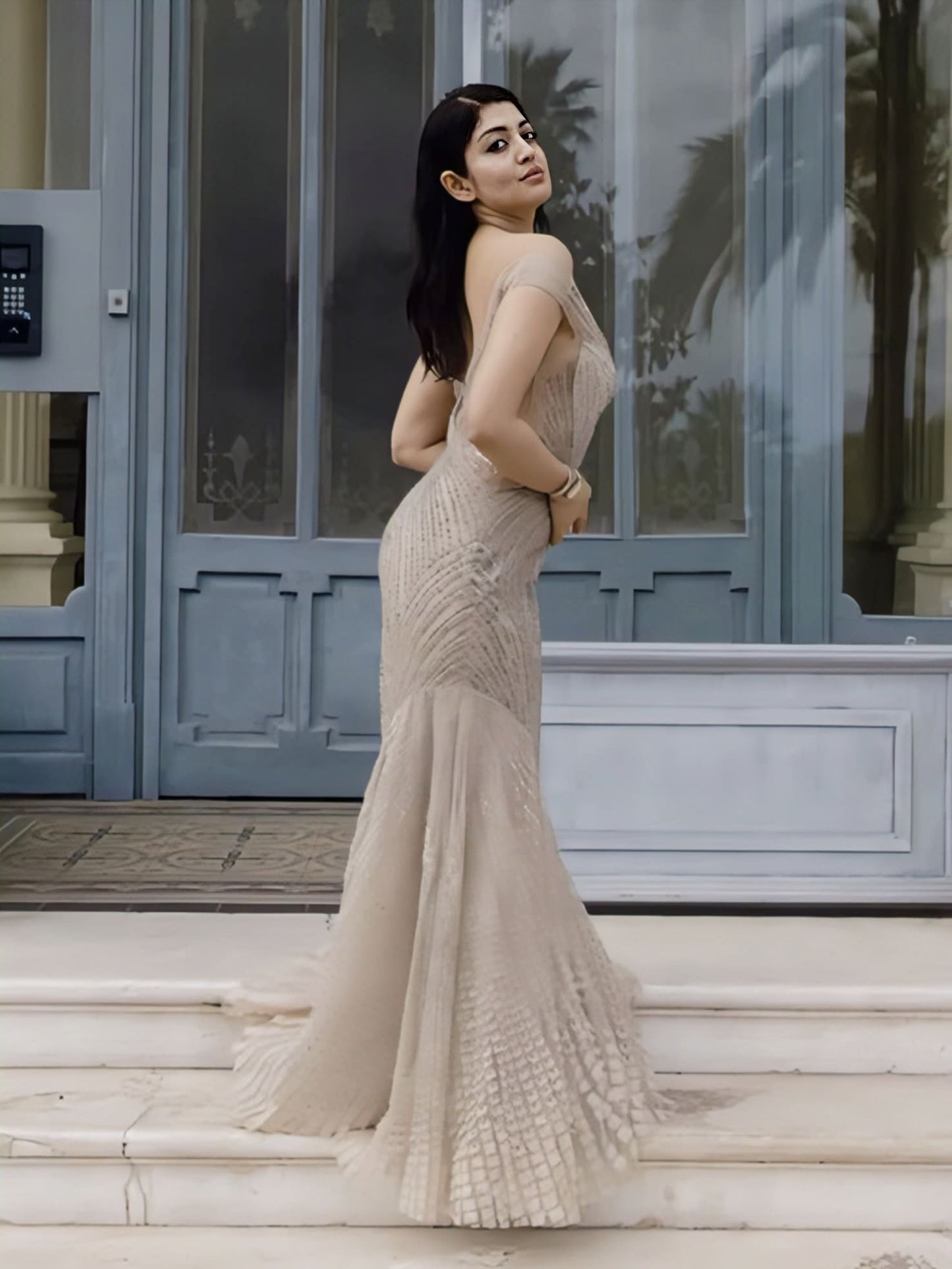 Pranitha Subhash Inspired Starburst Off-Shoulder Mermaid Gown with Crystal Embellishments
