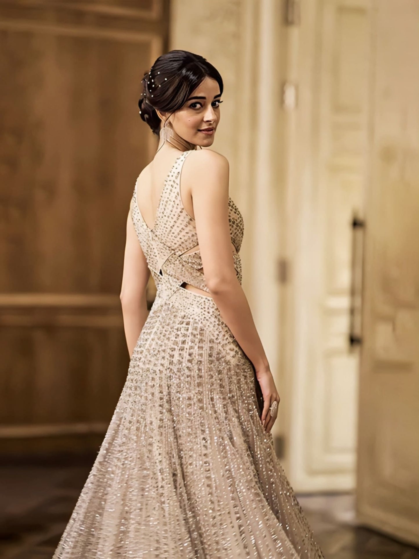 Ananya Panday Inspired Mist Crossover Panel Tulle Gown with Linear Embroidery