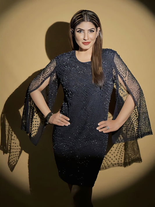 Raveena Tandon Inspired Sequin Round Neck Full Sleeve Mini Dress