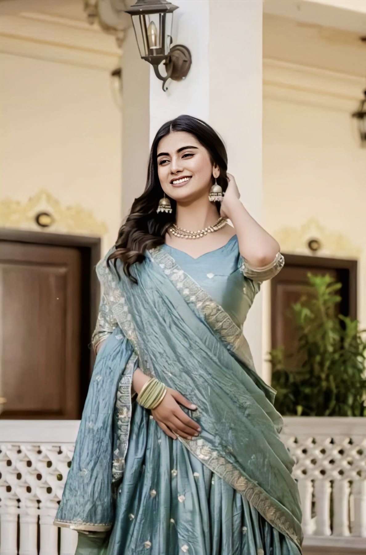 Blue Gold Crush Silk Lehenga Choli with Heavy Embroidery & Designer Dupatta