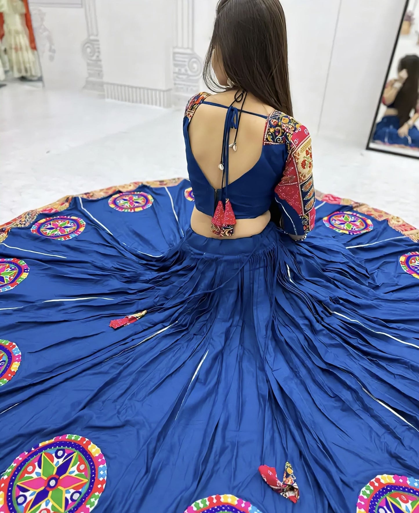 Peacock Blue Cotton Garba Lehenga Choli with Leheriya & Patola Print