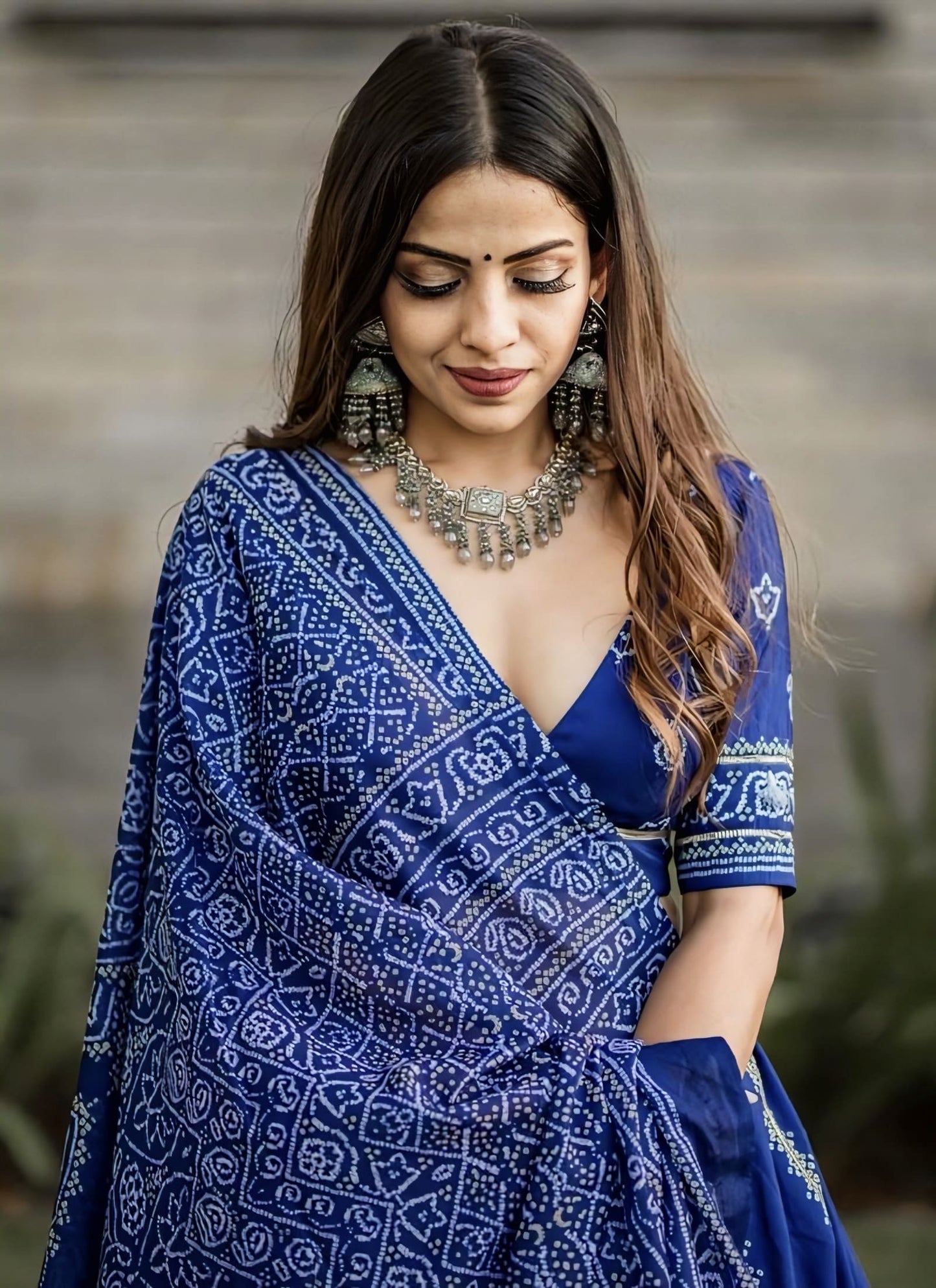 Blue Bandhani Print Silk Lehenga Choli with Muslin Silk Dupatta