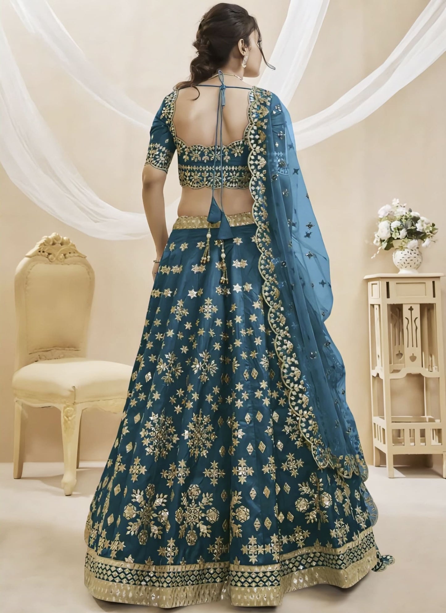 Teal Blue Mulberry Silk Lehenga Choli with Foil Mirror & Zari Embroidery