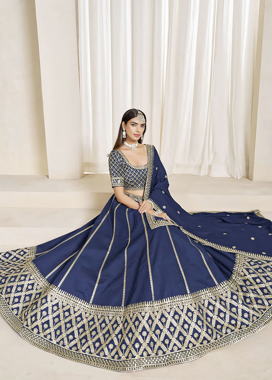 Prussian Blue Art Silk Wedding Lehenga Choli with Zari, Thread & Sequins Embroidery