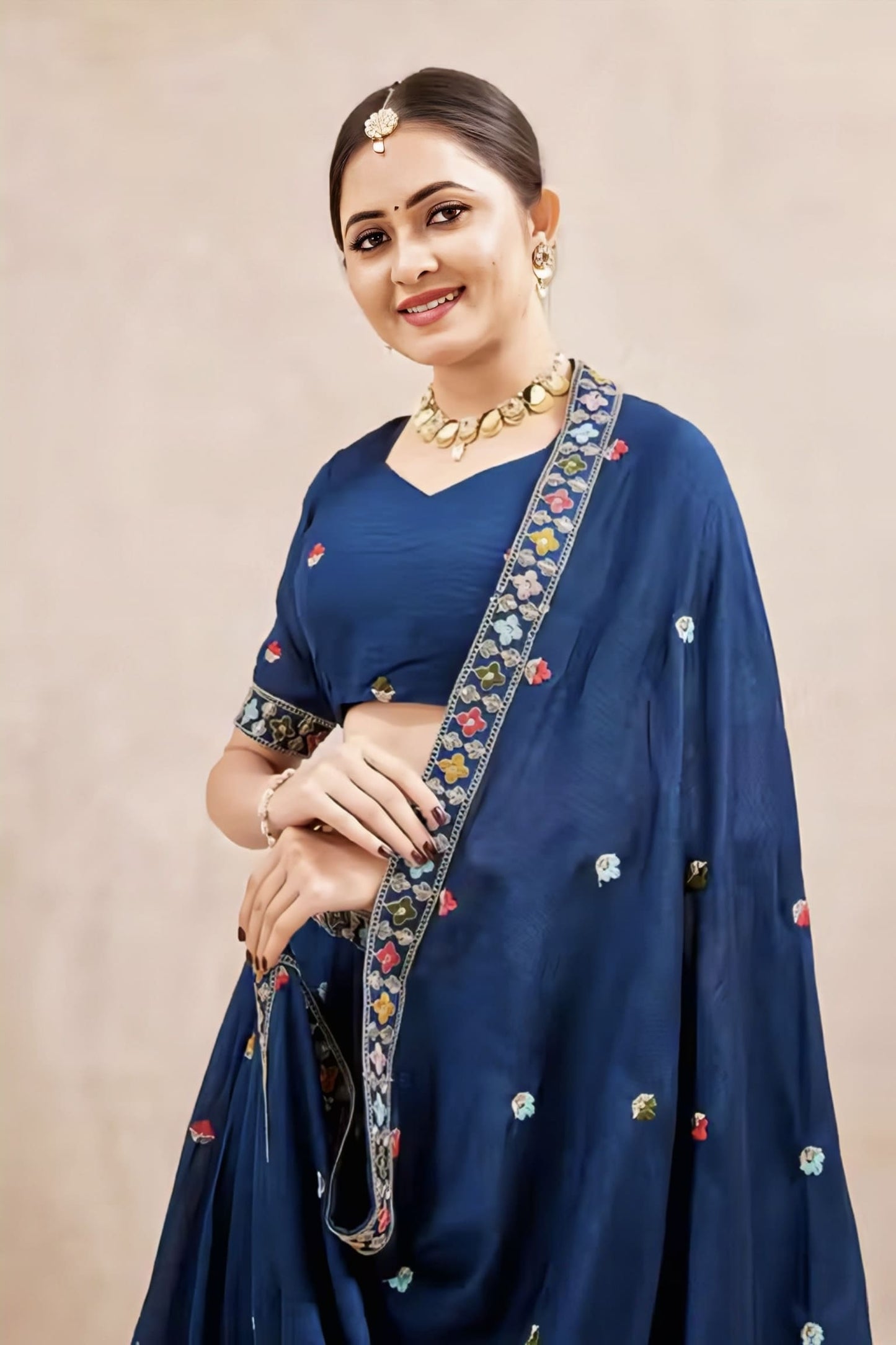 Navy Blue Vichitra Silk Lehenga Choli with Temple Embroidery & Dupatta