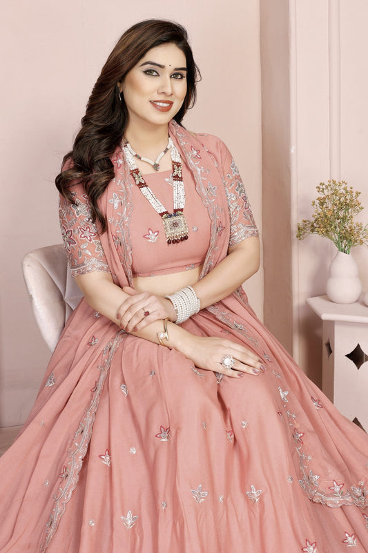 Peach Pink Floral Embroidered Lehenga Choli with Dupatta | Silk Blend Wedding & Festive Wear