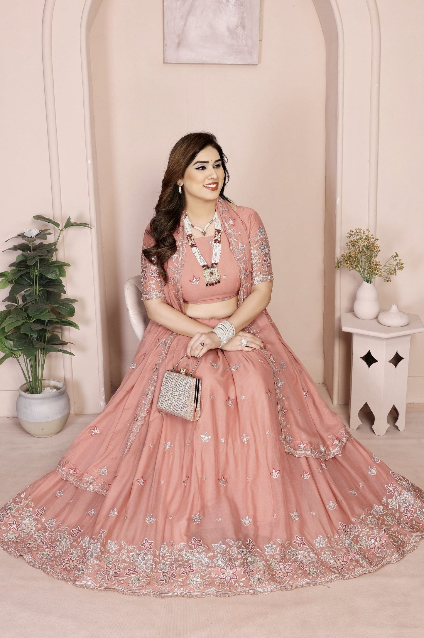 Peach Pink Floral Embroidered Lehenga Choli with Dupatta | Silk Blend Wedding & Festive Wear