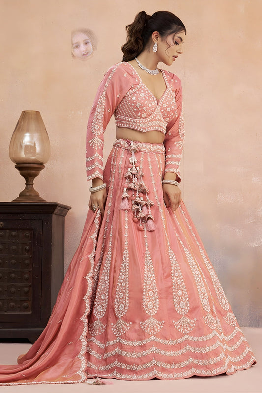 Peach Tissue Wedding Lehenga Choli with Sequins, Thread & Embroidery Work