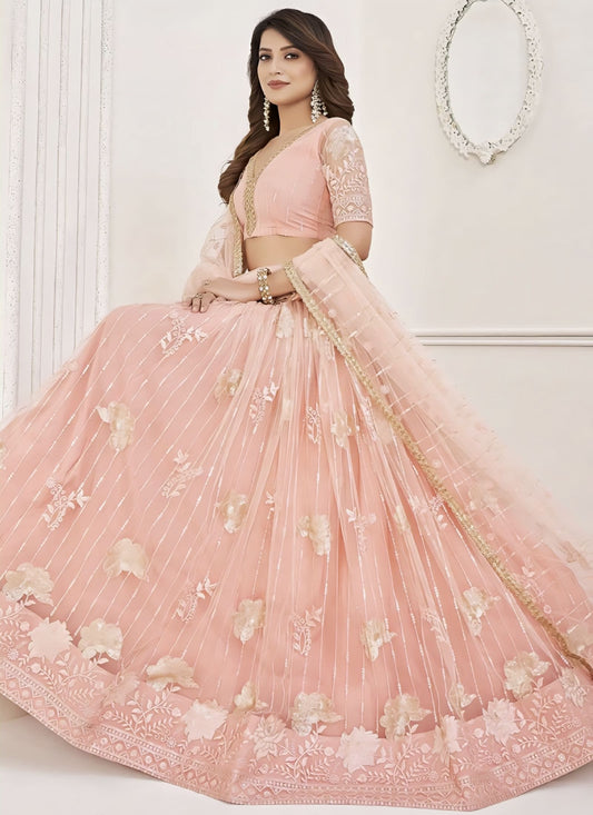 Peach Embroidered Net Lehenga Choli with Sequins, Zari & Thread Work