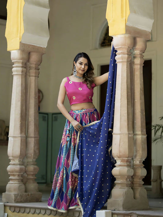 Pink & Blue Printed Silk Blend Lehenga with Unstitched Blouse & Dupatta