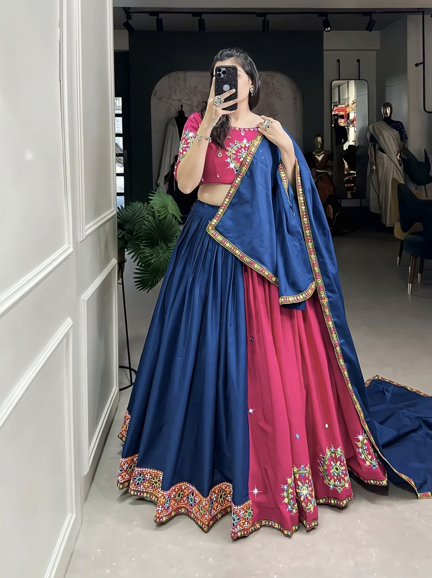 Pink & Blue Pure Cotton Navratri Lehenga Choli with Mirror & Gamthi Work