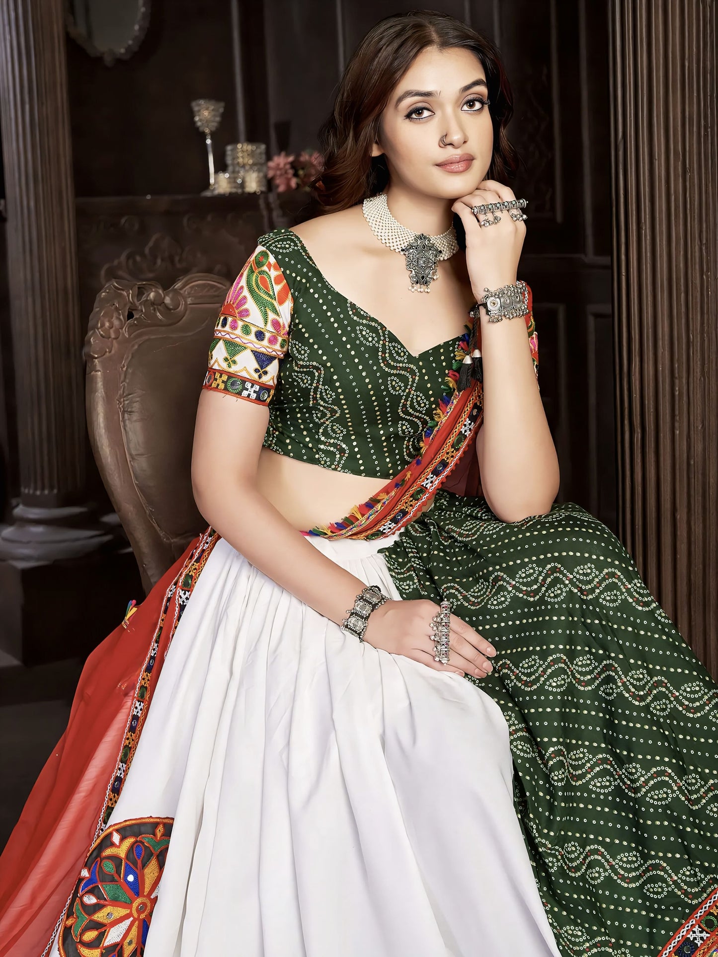 White & Green Bandhej Print Navratri Lehenga with Banglory Silk Choli & Red Dupatta