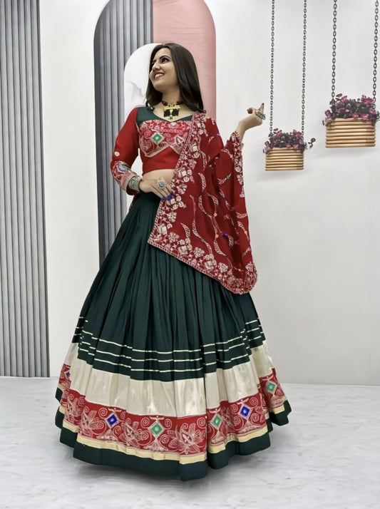 Green Red Cotton Navratri Lehenga Choli with Embroidery & Sequins Work