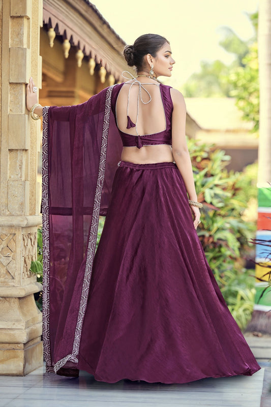 Wine Embroidered Silk Lehenga Choli with Sequins Work & Dupatta