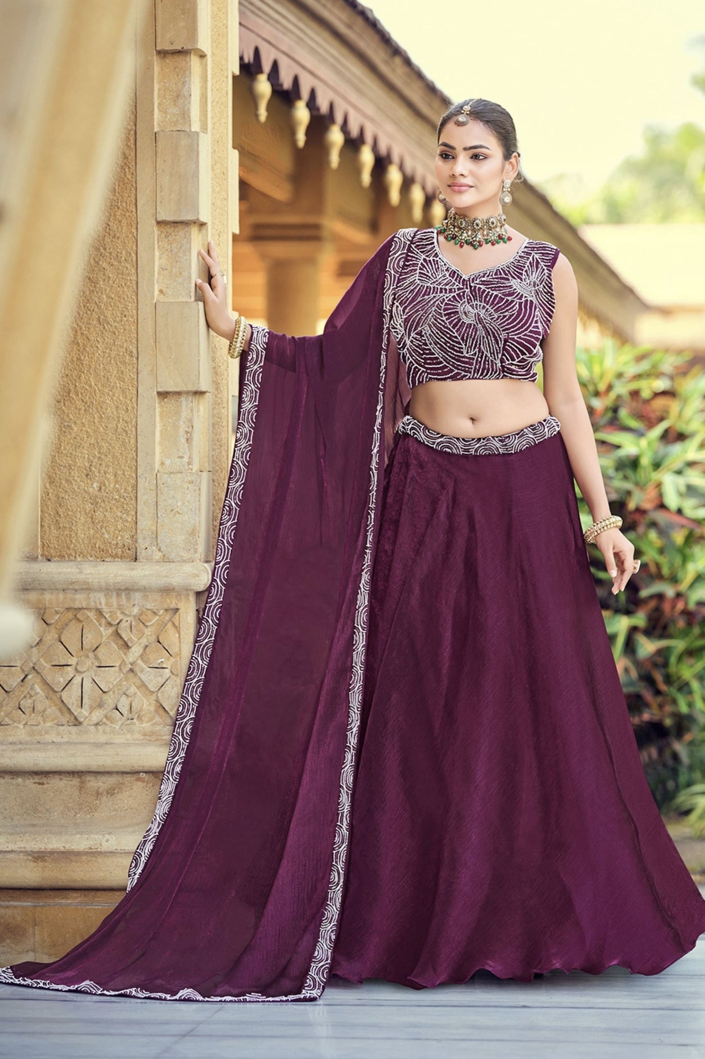 Wine Embroidered Silk Lehenga Choli with Sequins Work & Dupatta