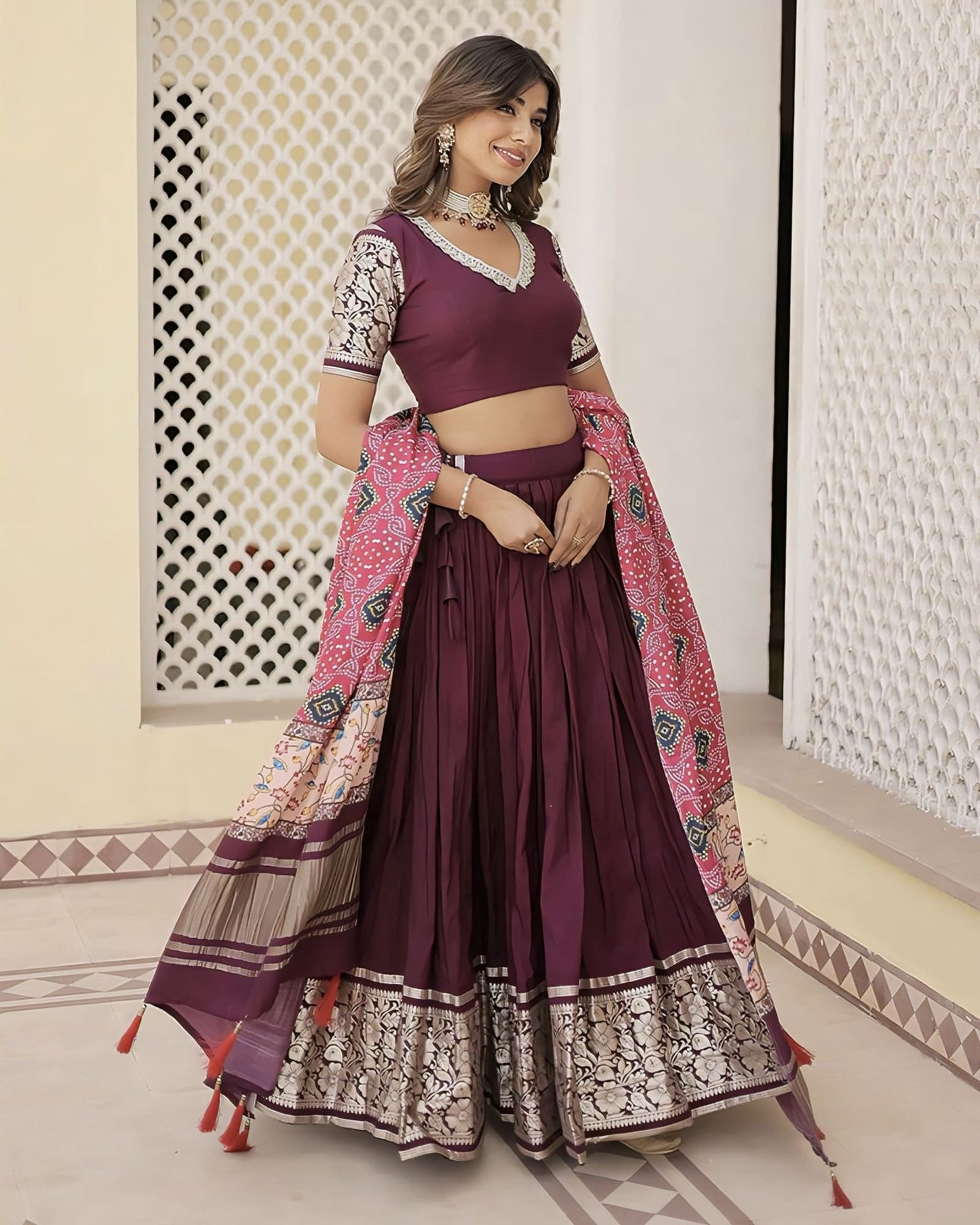 Wine Jacquard Lehenga Choli with Gaji Silk Dupatta