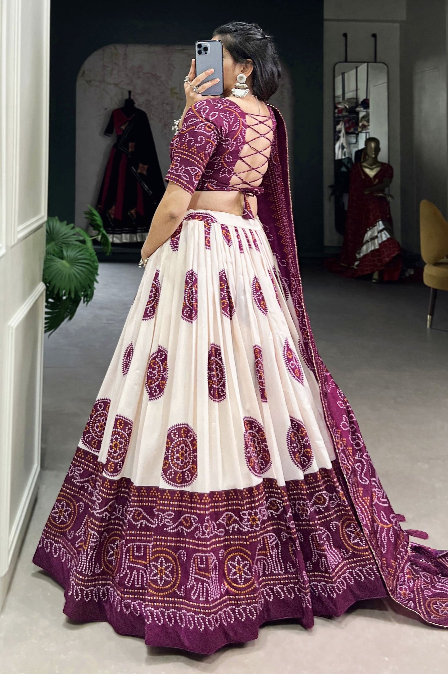 Wine Bandhani Printed Tussar Silk Lehenga Choli with Kalamkari Work & Dupatta
