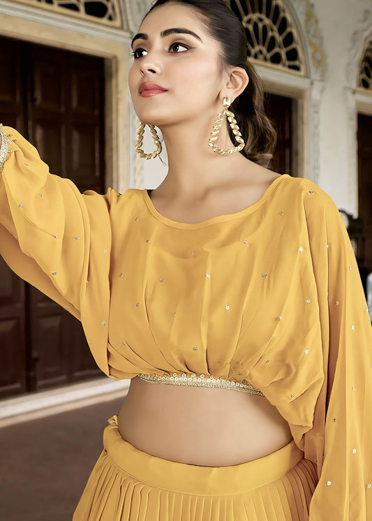 Mustard Yellow Readymade Georgette Lehenga Choli with Sequins & Thread Embroidery