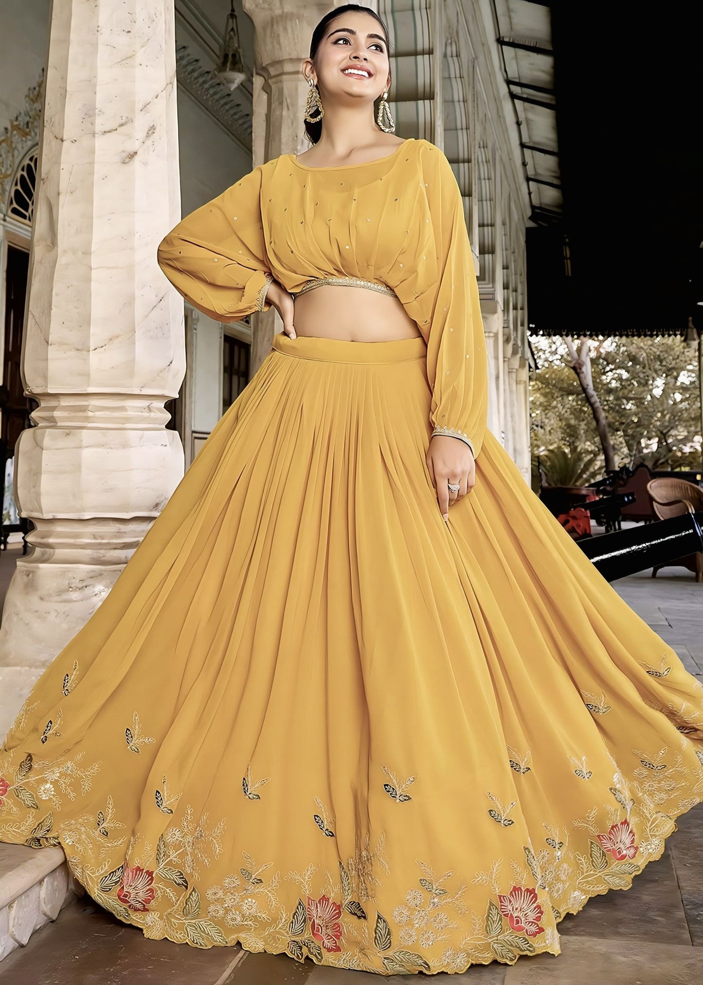 Mustard Yellow Readymade Georgette Lehenga Choli with Sequins & Thread Embroidery