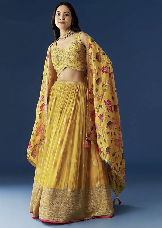 Mustard Yellow Silk Lehenga Set with Zardosi Sequins Choli & Printed Dupatta