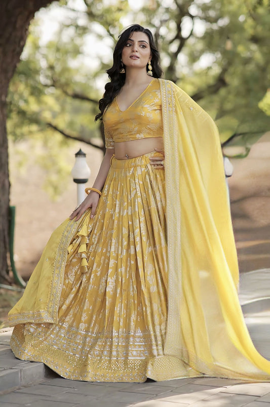Yellow Haldi Bridal Lehenga Choli with Sequins Embroidery & Russian Silk Dupatta